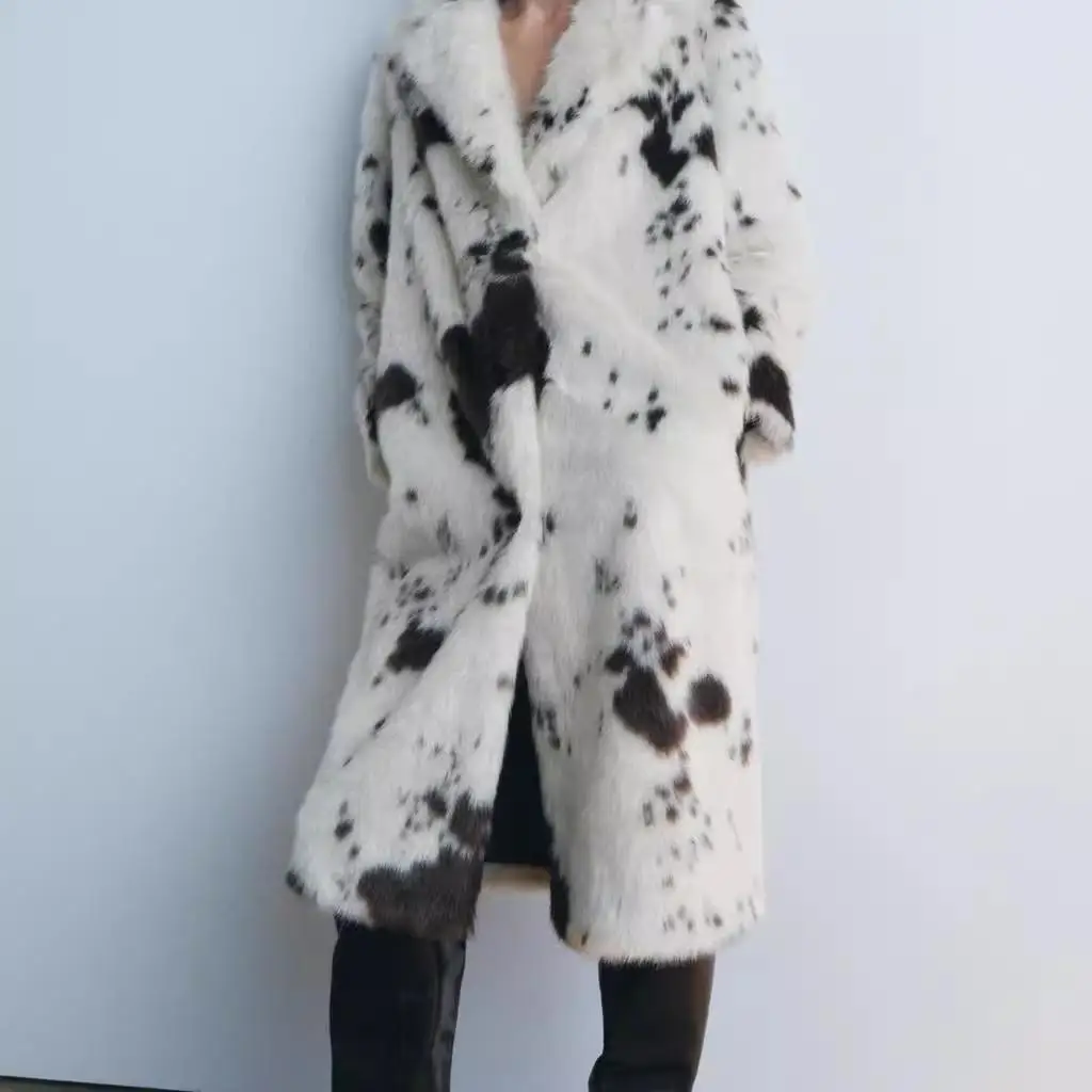 معطف نسائي جديد لموسم الخريف والشتاء بتأثير الفرو الصناعي، نمط حيواني، سلسلة ZW، أسلوب الشارع، طويل بياقة على شكل V وصف أزرار...