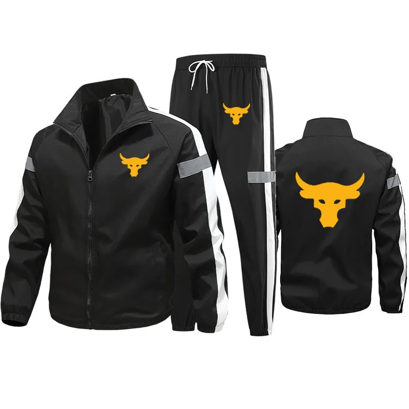 M-6XL Zip-up Tracksuit (Jacket + Sweatpants) Dwayne Johnson Brahma Bull Tattoo high quality Outdoor Spring Autumn Men's set