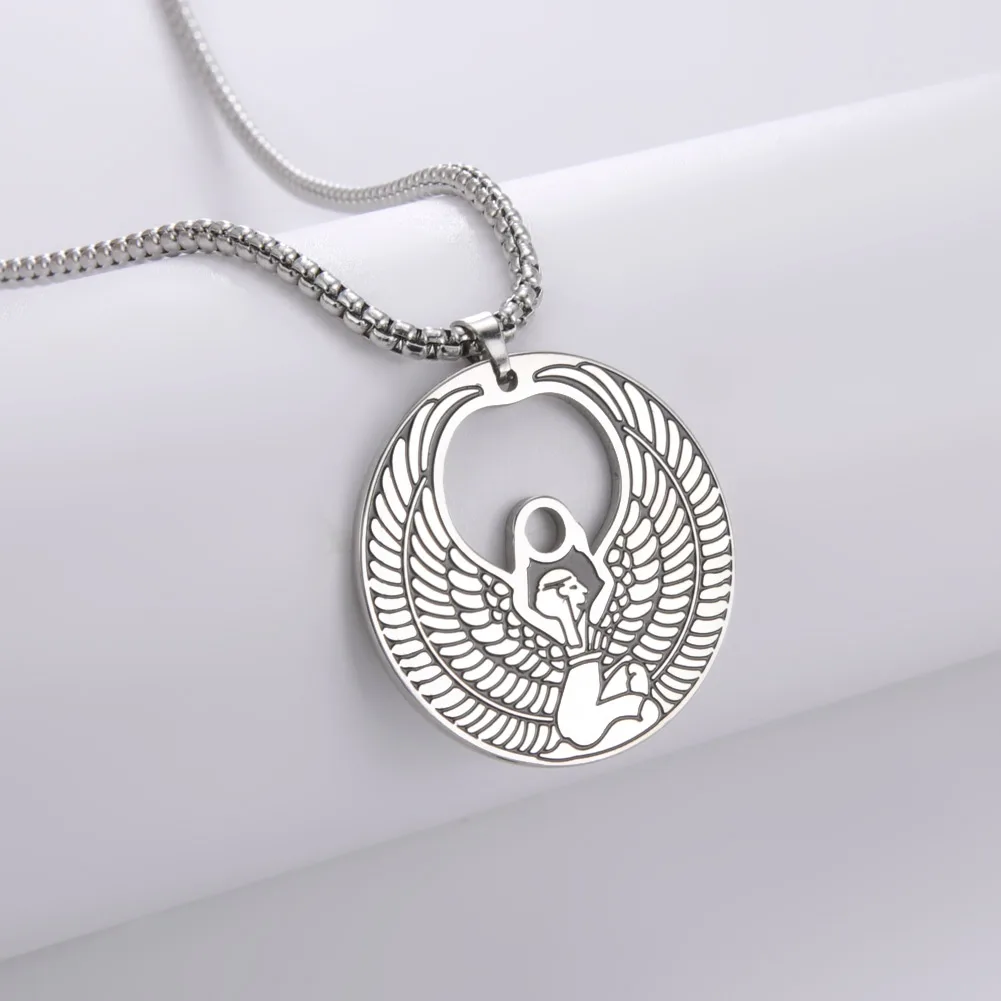 Ancient Egyptian Mythology Goddess Isis Necklace Stainless Steel Jewelry Amulet Charm Pendant Necklaces Hollow Vintage Talisman