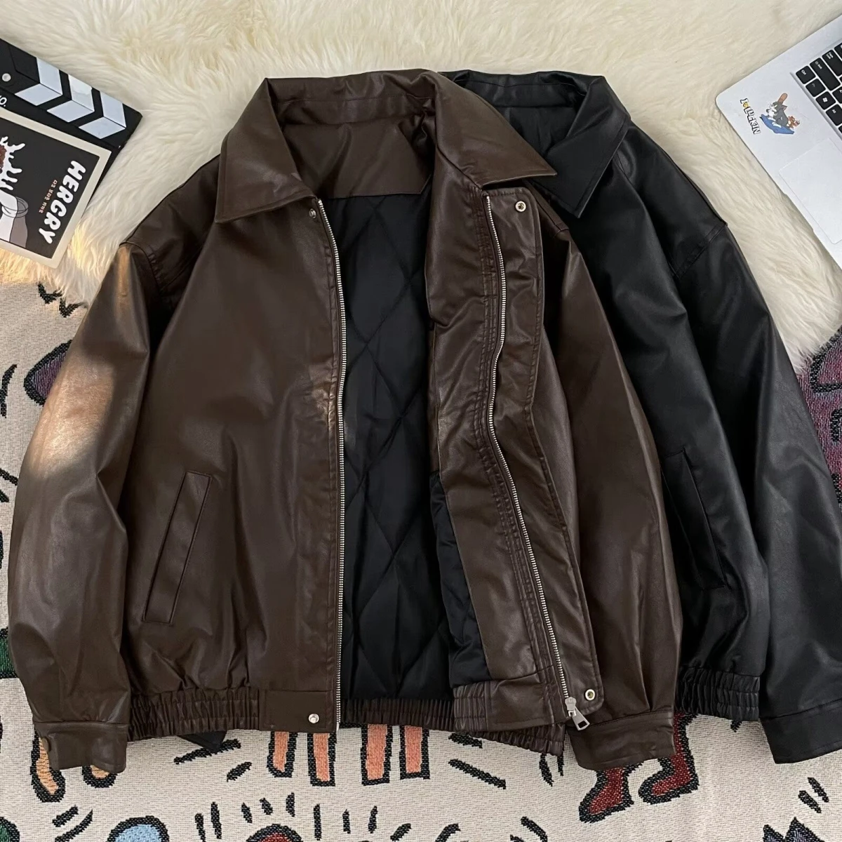 Retro American Motorcycle PU Leather Jacket Unisex Spring Autumn Stylish Versatile High-End Feel Stand Collar Jacket Top