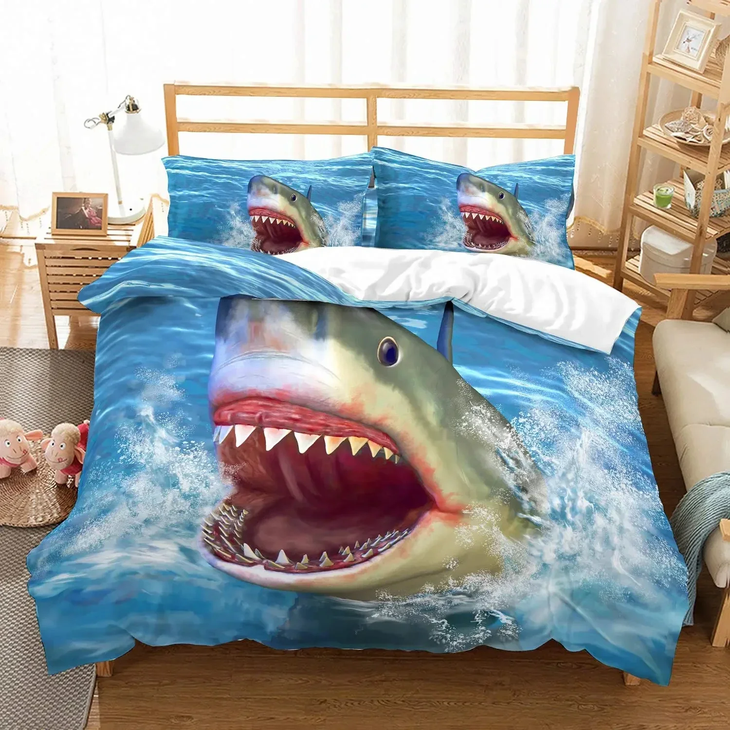 Deep Sea Shark Duvet Cover Set Black Shark Bedding Sets Underwater World Ocean Life Comforter Cover Set for Boys Men Queen Size