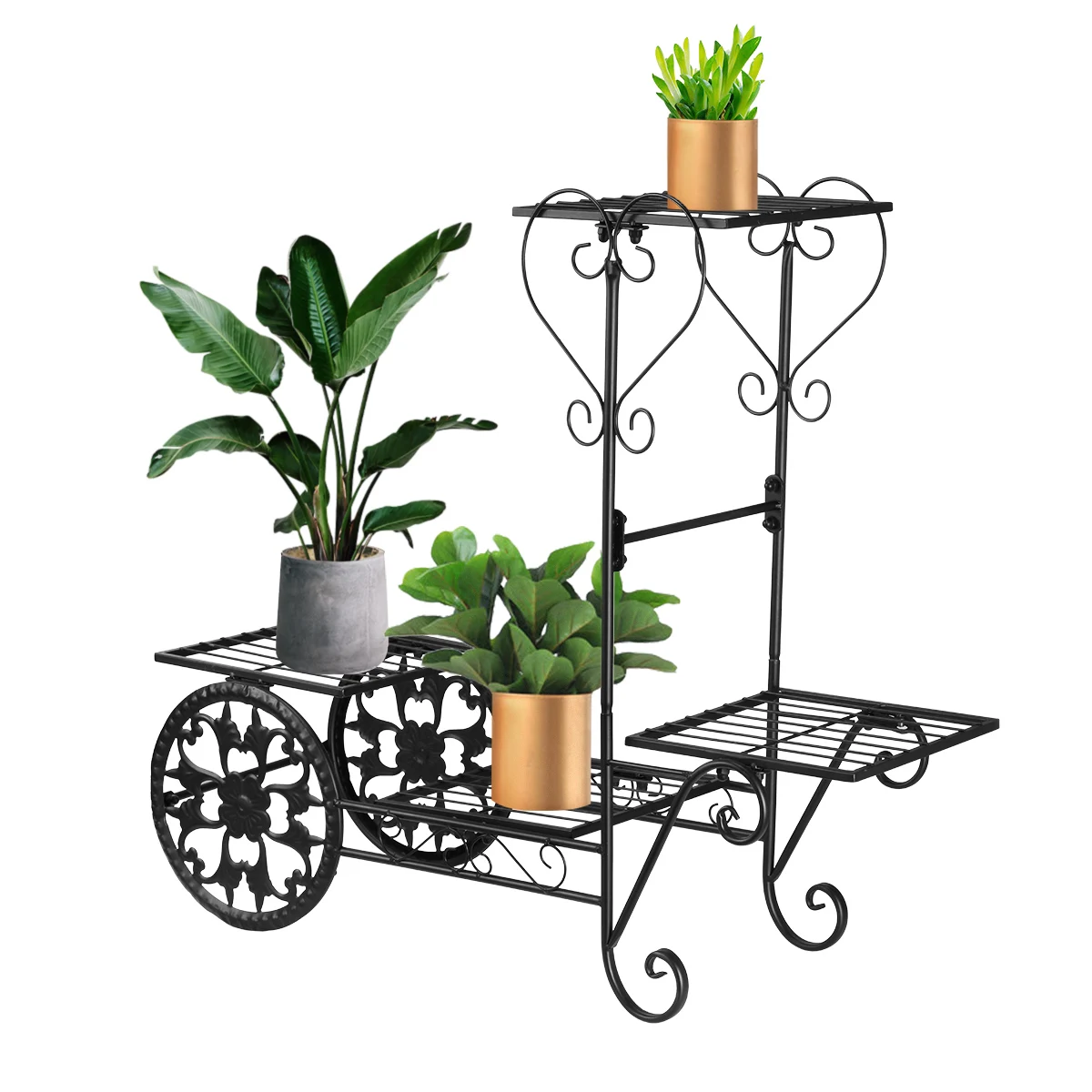 

4-Tier Retro Hollow Shaped Metal Plant Stand Black Flower Pot Shelf with Retro Wheeled Storage