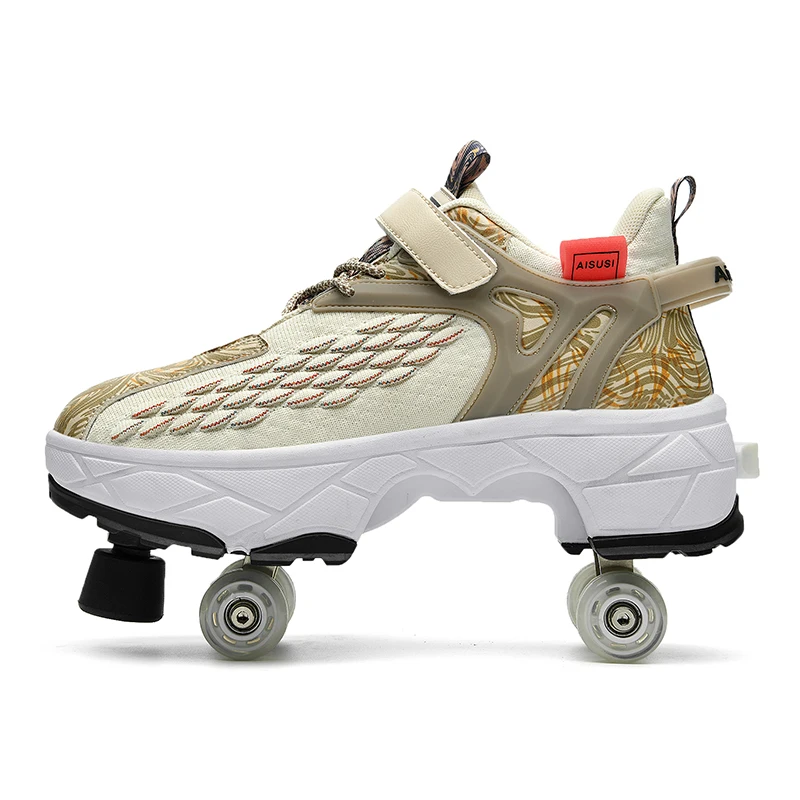 Deformacja Buty do chodzenia na rolkach 2 w 1 Outdoor Sports Kick Out Spinning Top Roller Skates Shoes z chowanymi 4 kołami