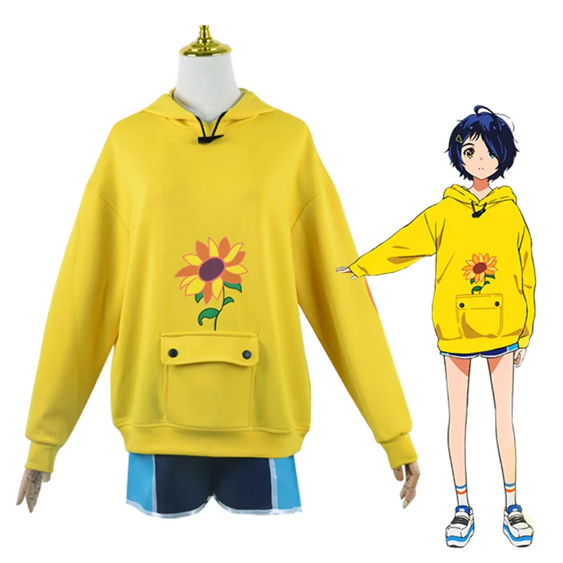 Anime Wonder Egg Priority Ohto Ai Cosplay Costumes Hoodie Yellow Sunflower Pullover Sweatshirt Shorts Wig Hairpin Suit