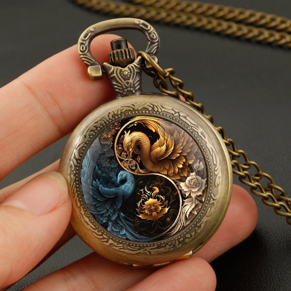 Vintage-Style Retro Yin and Yang Phoenix Exquisite Quartz Pocket Watch for Women Men Clock Watches Chain Jewelry Pendant Gift