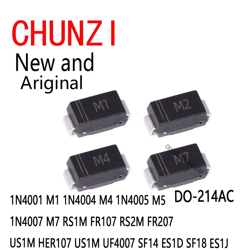 100Pcs SMA DO-214AC 1N4001 M1 1N4004 M4 1N4005 M5 1N4007 M7 RS1M FR107 RS2M FR207 US1M HER107 US1M UF4007 SF14 ES1D SF18 ES1J