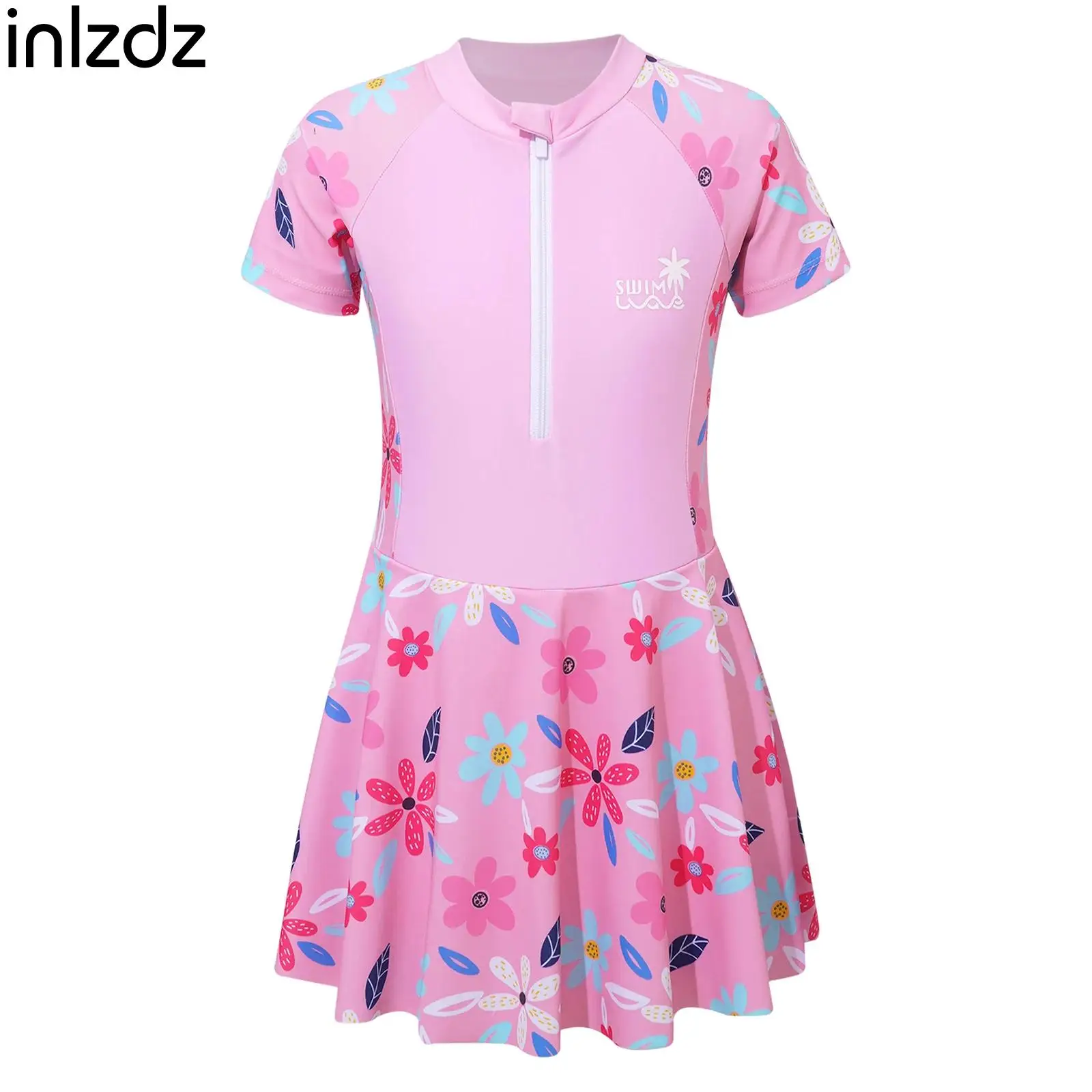 

Kids Girls High Quality One-piece Swimsuit Swim Dresses with Built-in Shorts Flower Print Zipper Short Sleeve Jumpsuit for Beach