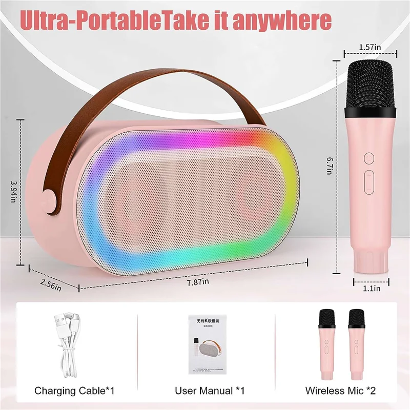 AY14 -Mini Karaoke Machine, Portable Bluetooth Speaker Set With 2 Wireless Microphone With LED Lights (Blue) Easy Install