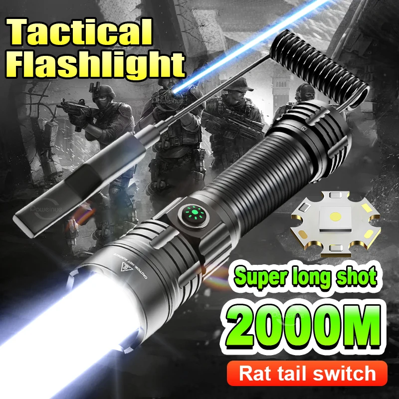 2024 Newest Rechargeable Tactical Flashlight 2000M Most Powerful Torch Light High Power LED Flashlights Rat Tail Switch Lantern