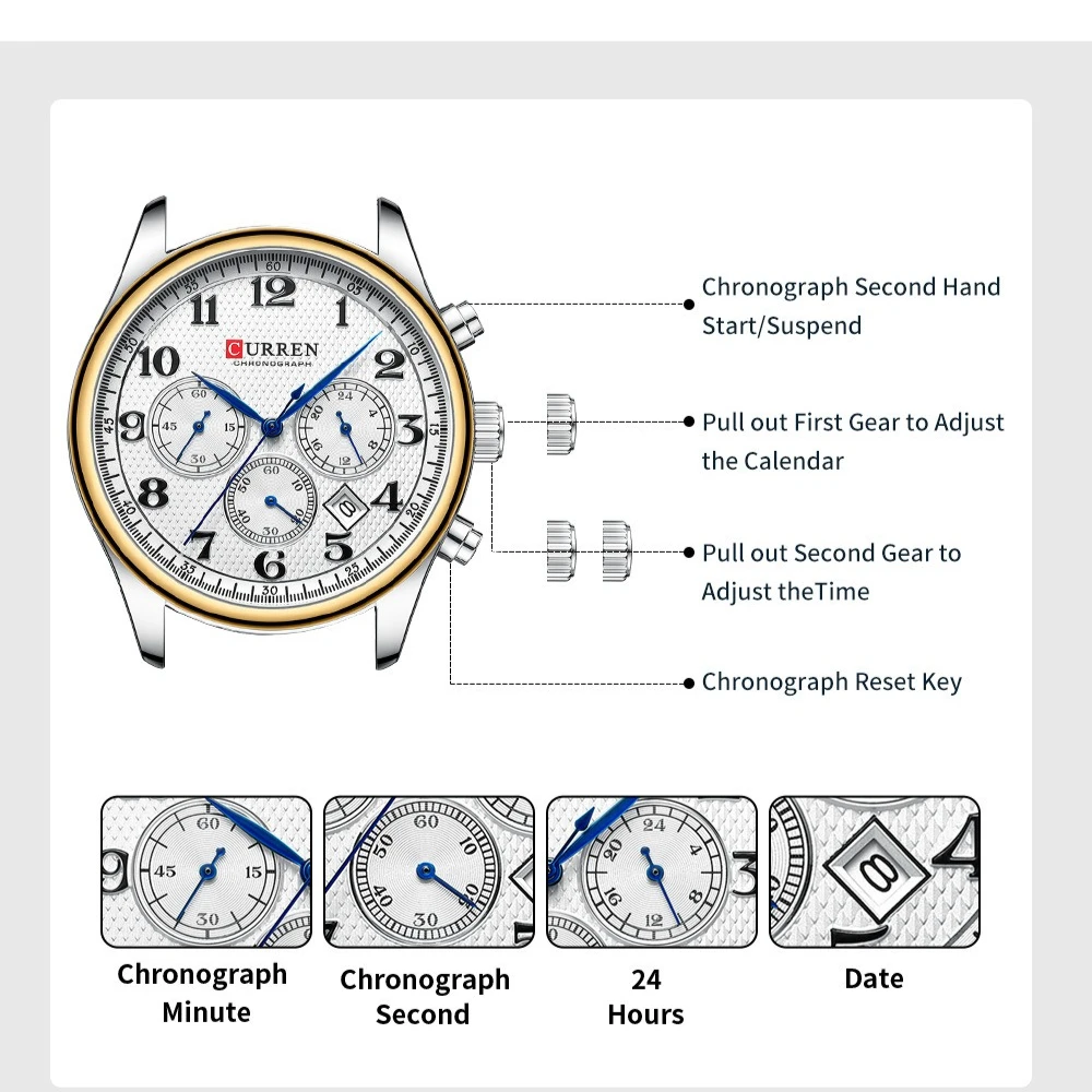 Curren 8466 Luxury Men's Watch Steel Strip Quartz Waterproof Calendar Chronograph Luminous Watches for Men Relogios Masculino