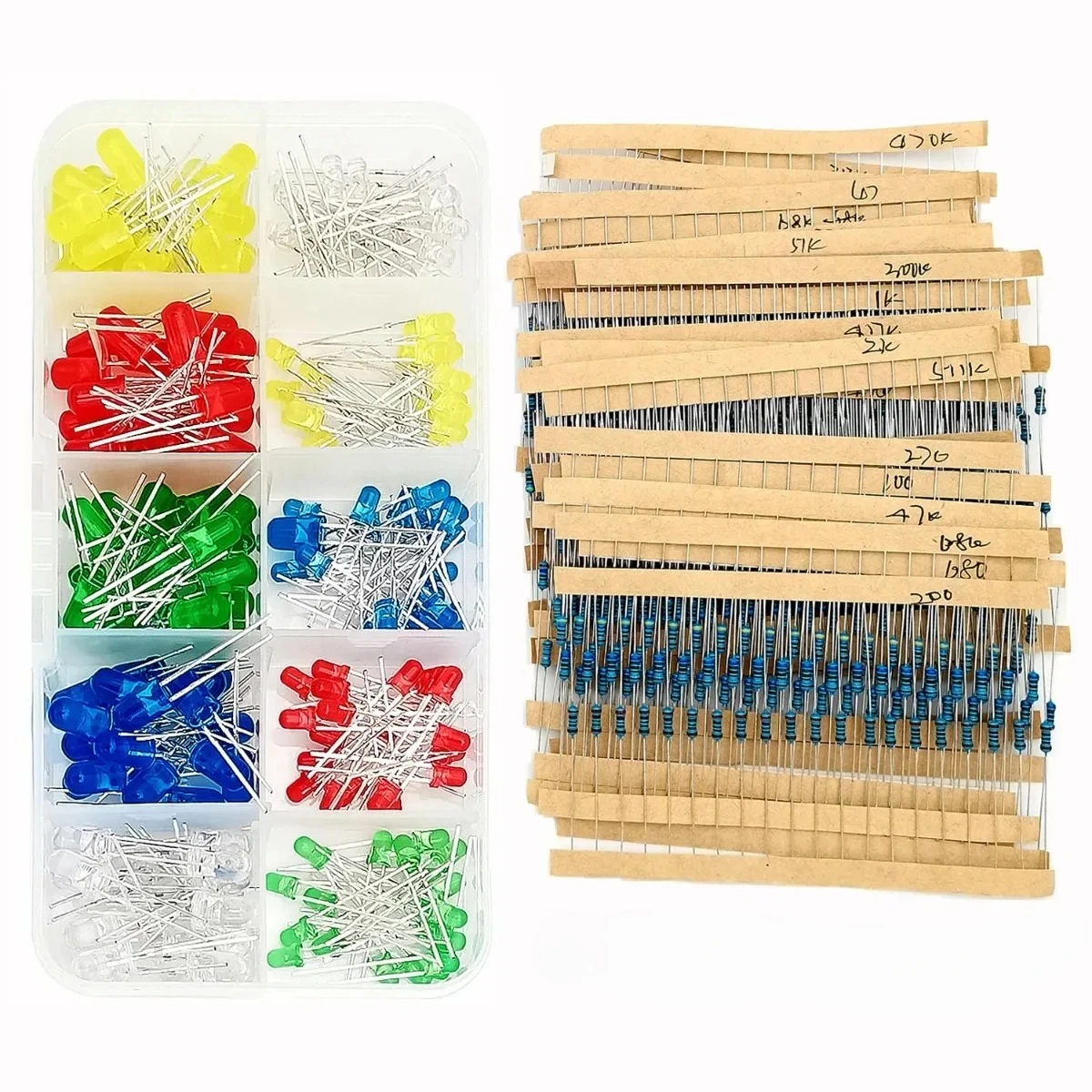 Electronics Science Starter Kit: 300PC 30 Values 10Ω-1MΩ 1% 1/4W + 200PC 5Color 3mm&5mm LEDs  For DIY robotics project learning
