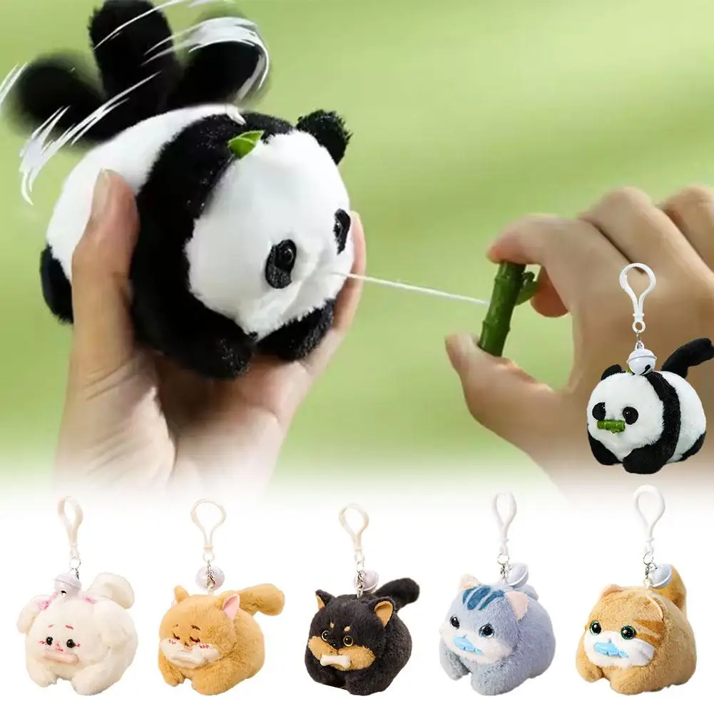 Cartoon Plush Keychain Cute Stuffed Tail Wagging Pulling Funny Rope Dog Tail Panda Keychain Bell Wag Lit F8h2