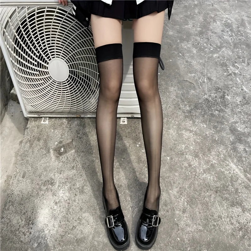 1-Pair Pack: Women's Summer Sheer Over-the-Knee/Thigh-High Stockings – Black with Color-Block Detail (Thin Style)