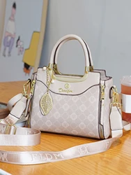 Square printed women's handbag, temperament-matching single shoulder crossbody bag, exquisite leaf pendant decoration