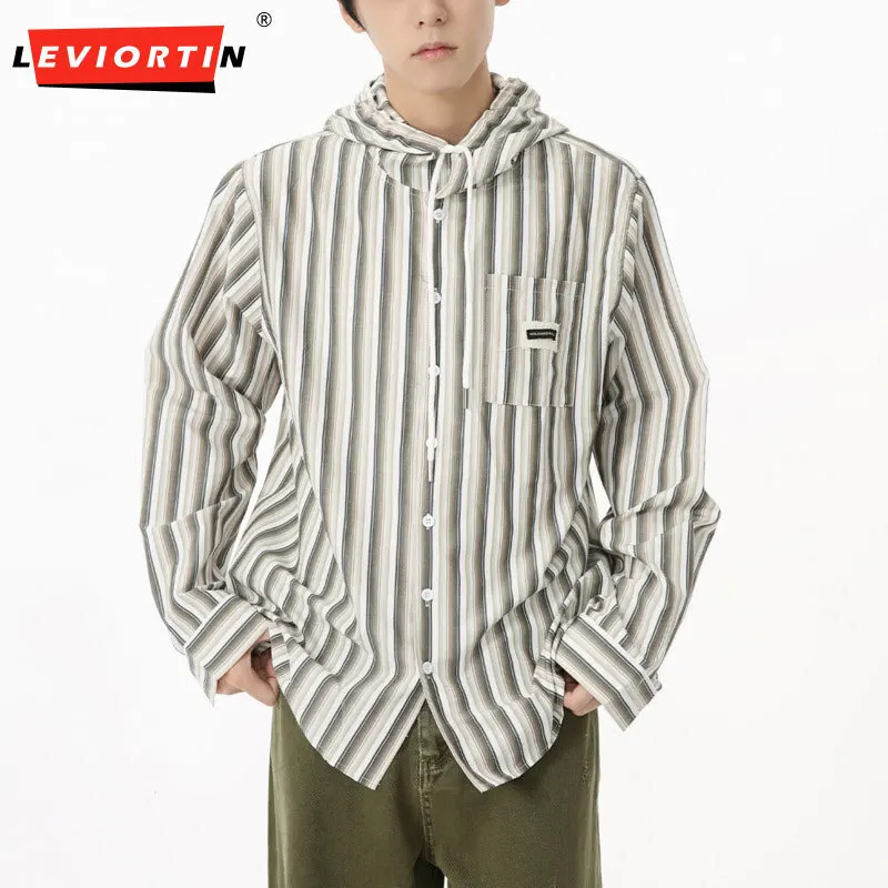 LEVIORTIN Men's 2024 Autumn Collection New Product Japanese Retro Hooded Vertical Stripe Comfortable Loose Fashion Shirt Trendy