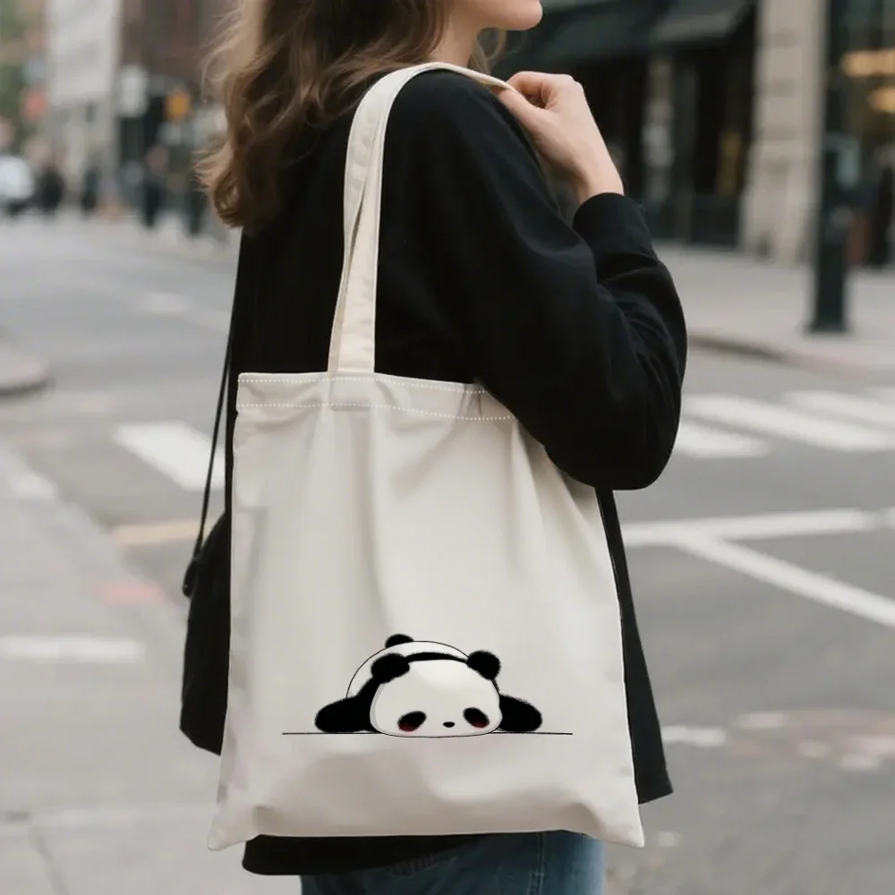 A Panda Pattern 2D Flat Tote Canvas Bag, Large-Capacity Tote Shoulder Canvas Bag, Commuter Canvas Bag, Portable Shopping Bag wit