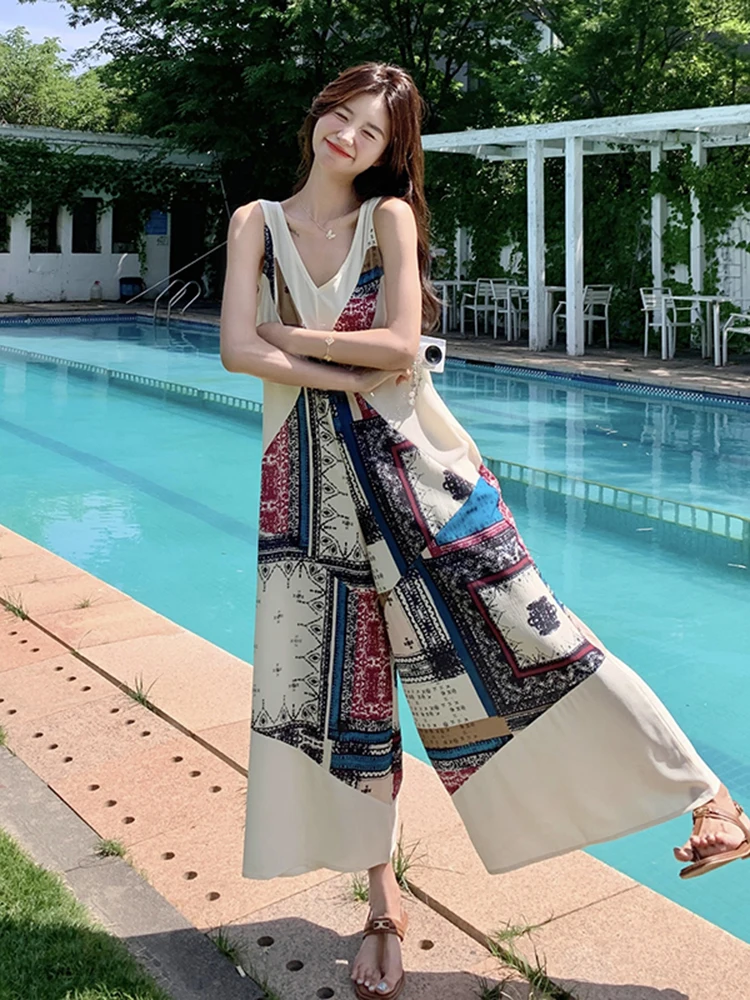 

Женский комбинезон с широкими штанинами и принтом, повседневные модные брюки с высокой талией, длинные брюки, новинка лета, эффект похудения