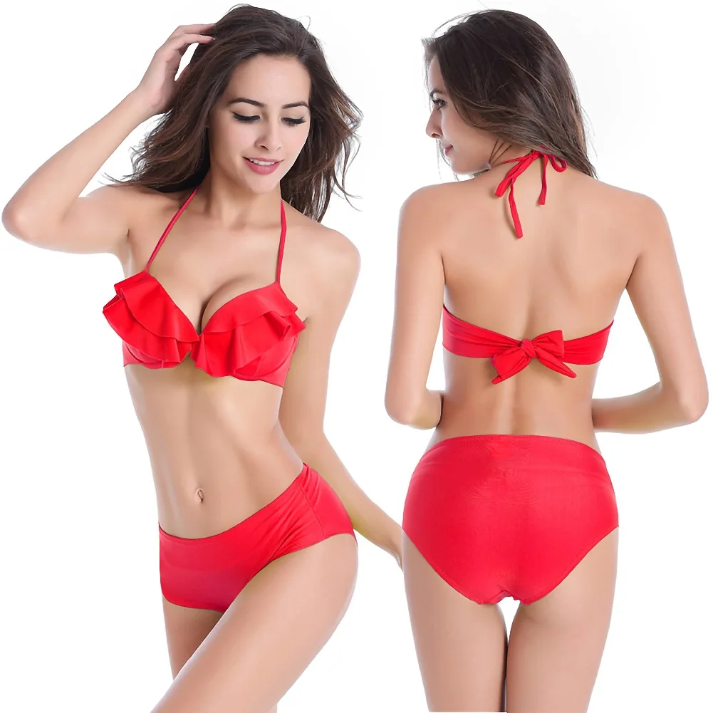 

2025 Summer Women's Swimsuit Solid Color High Quality Nylon Gathering Bikini Ruffle Swimwear Beachwear