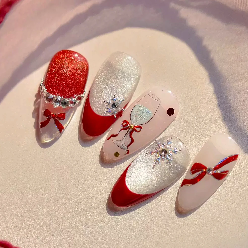1 pièces 5D paillettes rouge arc verre à vin Nail Art autocollants brillant nœud papillon ruban gobelet ongles décalcomanies bricolage saint valentin Sexy ongles autocollants