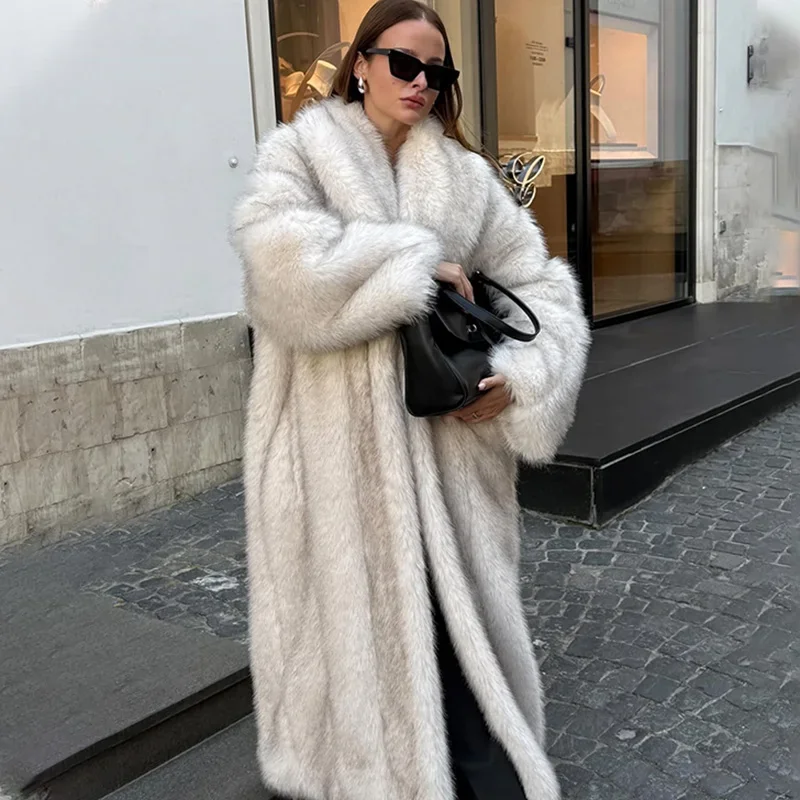 Manteau Long en Faux manches longues pour femme, vêtement d'extérieur quotidien, à la mode, décontracté, à revers, ample et chaud, nouvelle collection hiver 2025