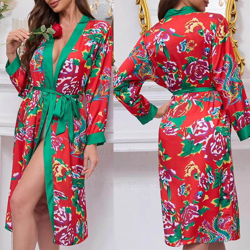 

Chinese Style Print Robe Lady Satin Sleepwear Long Sleeve Home Dressing Gown Loose Kimono Intimate Lingerie Rayon Nightwear