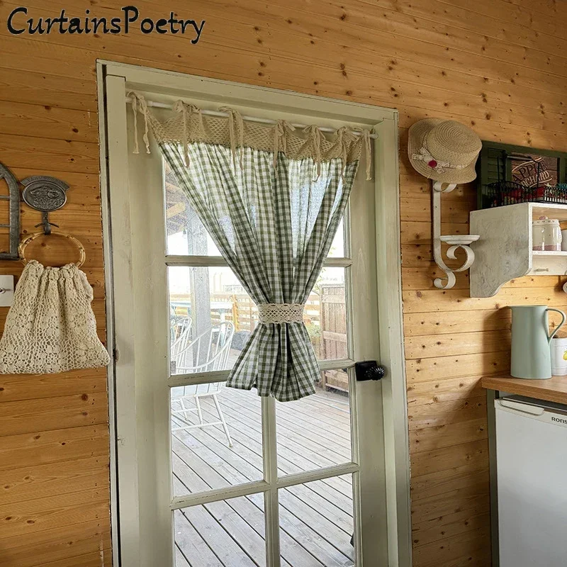 

Boho Grids Sheer Curtain for Bedroom Nursery Room Green Plaid Tie Top Light Filtering Farmhouse Bohemian Window Treatment Drapes