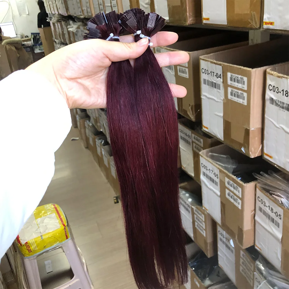 Flat Tip Hair Extensions Human Hair Fushion Remy Hair 50 pieces Burgundy Straight Keratin Tips Human Hair Extensions 30g/pack