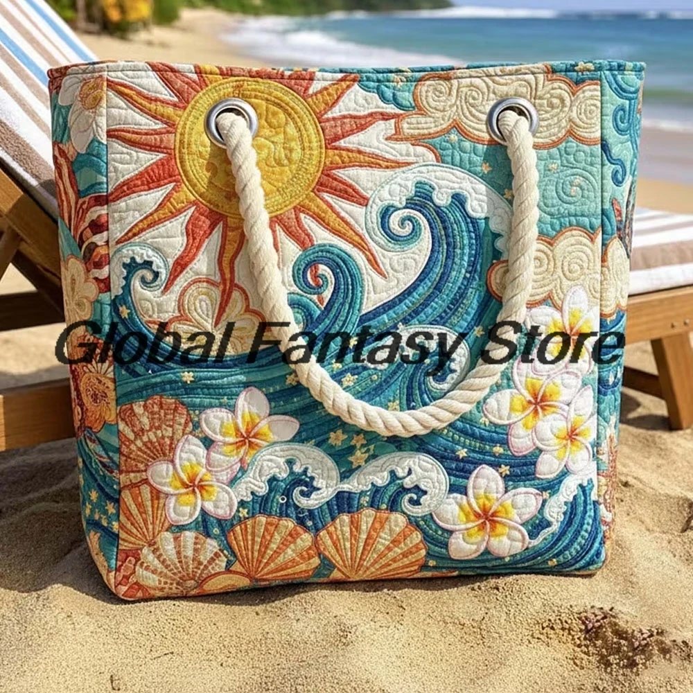 

Boho Coastal Shell Quilted Beach Bag Sun Wave Floral Print Shoulder Bag Men Women Daily Handbag Shopping Tote