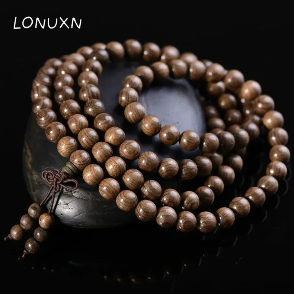 Seaman Agarwood 108*8MM Real Natural Wood Beads Bracelet Tibetan Buddhism Jewelry for Men Women Meditation Prayer Beaded Wooden