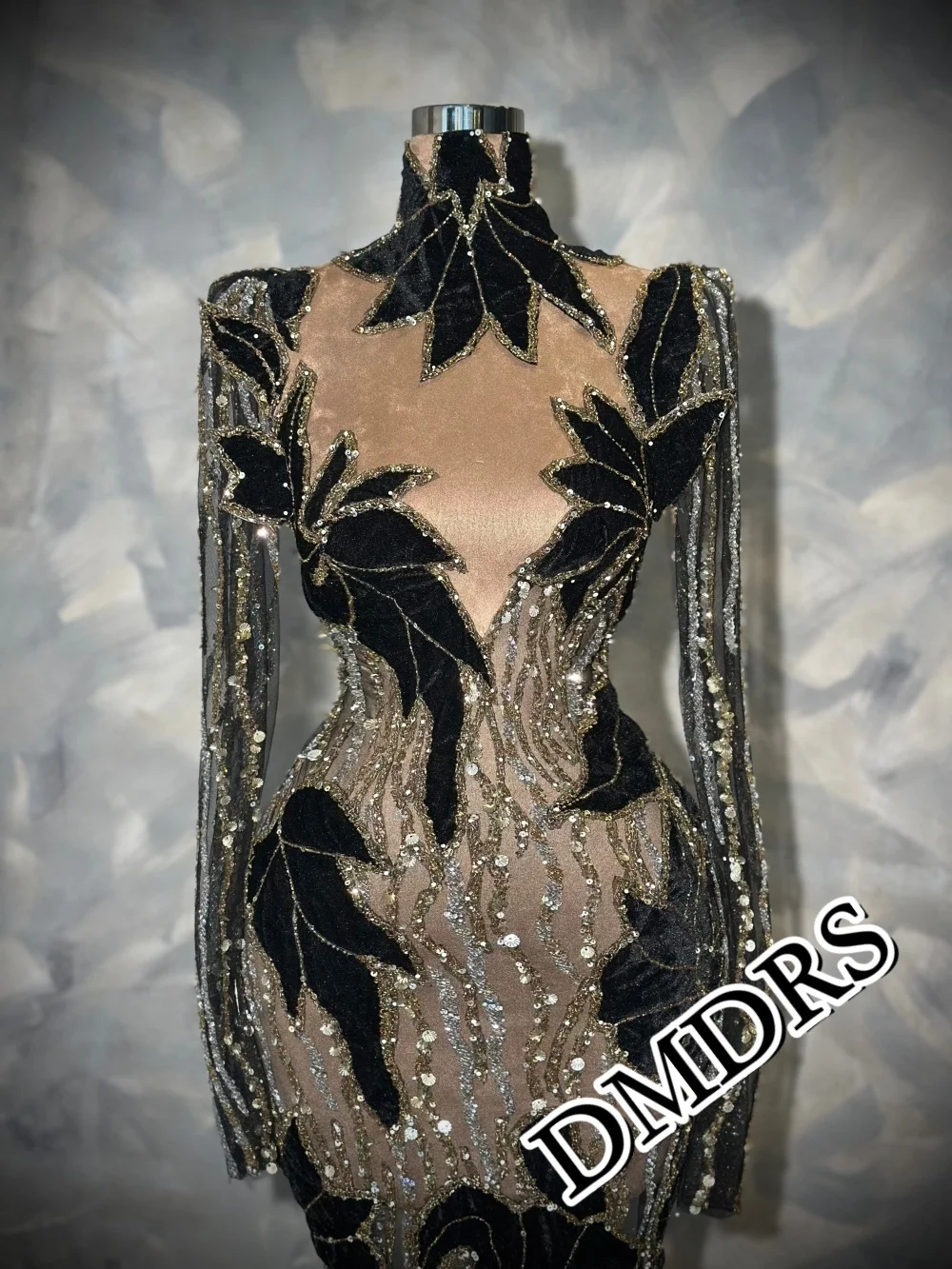 

DMDRS Romantic Long-Sleeve Evening Dress 2026 Exquisite Leaf-Appliquéd Party Gown Sparkly Crystal A-Line Floor-Length Party Dres