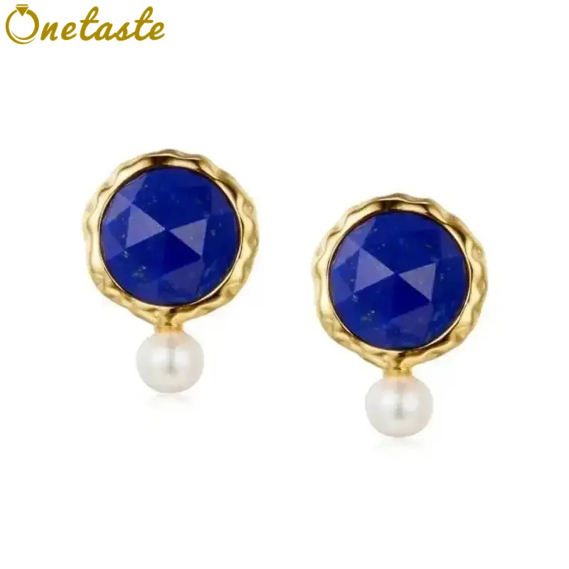 

Natural Lapis Lazuli Pearl 925 Sterling Silver Small Earrings For Women 18K Gold Blue Stone Minimalism Chic Dainty Earrings Gift