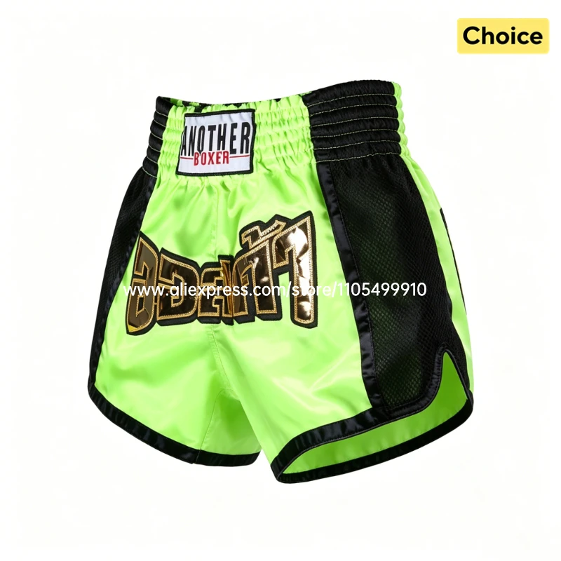 Pantalones Cortos de Muay Thai Verde Neón, Pantalones de Boxeo Tailandés para Hombre, Mujer y Niño, Transpirables, para Artes Marciales, Sparring, Entrenamiento, MMA, Kickboxing