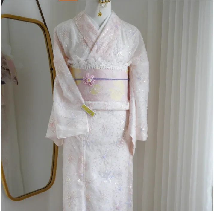 Japanese Traditional Formal women's Lace Small Pattern Kimono Birthday Dress