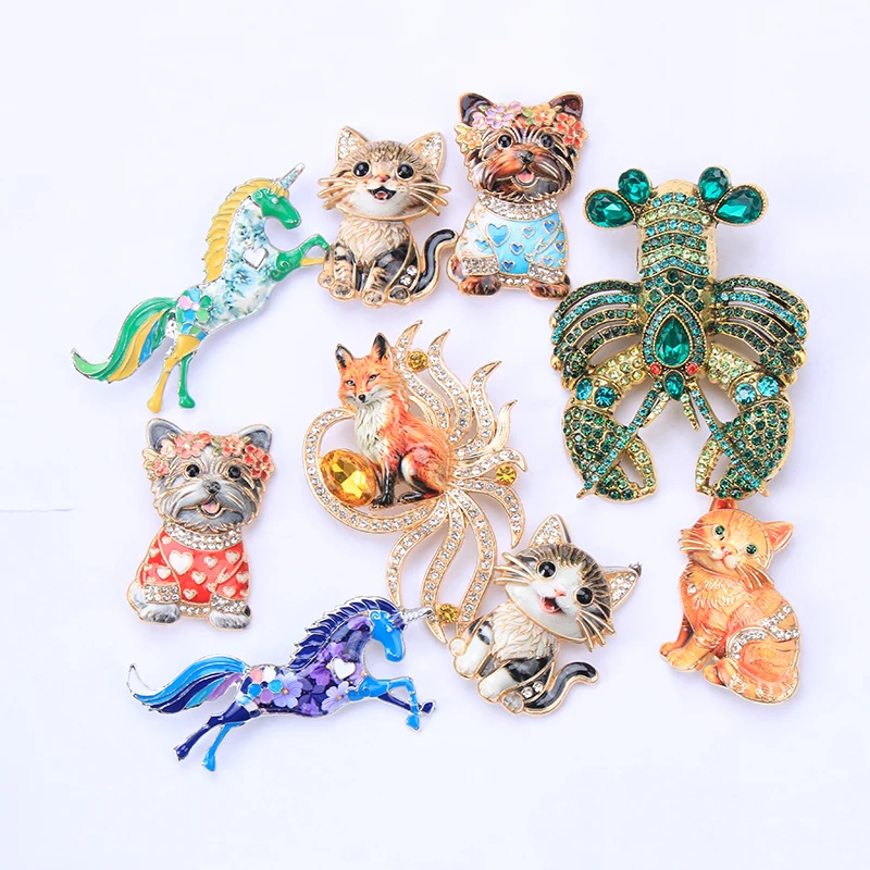 Gold Plated Enamel Rhinestone Animal Brooch Unicorn Cat Dog Lobster Fox Crystal Lapel Pin Mixed Styles