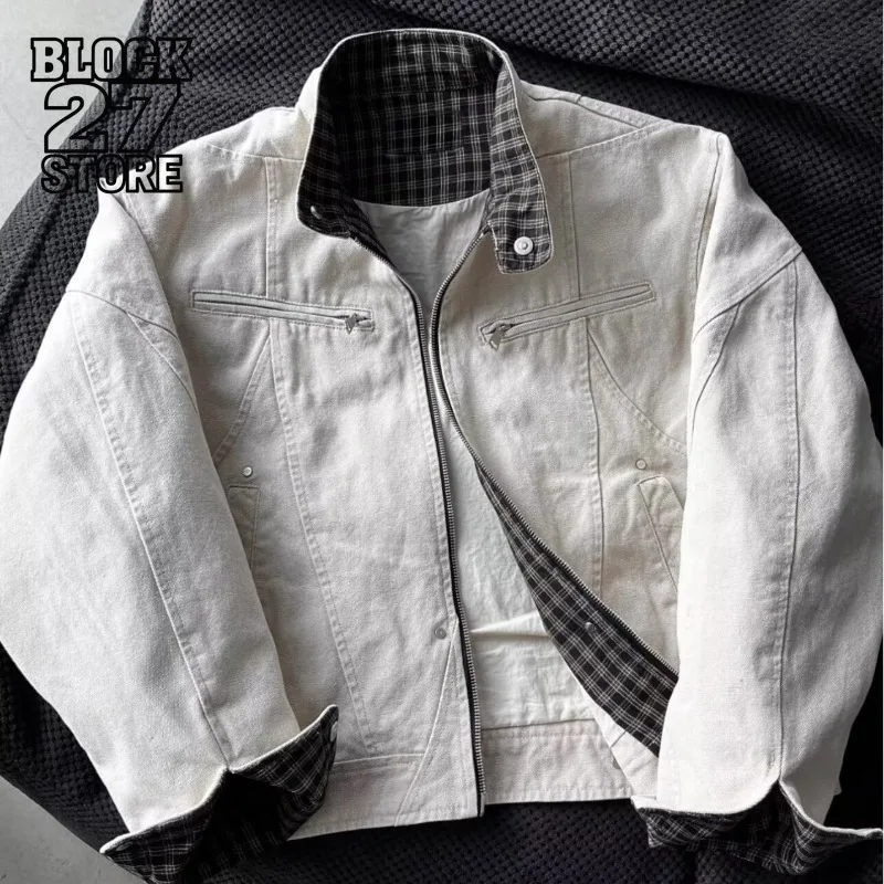 

Harajuku винтажная клетчатая бейсбольная куртка мужская осенне-зимняя уличная одежда с воротником-стойкой свободное повседневное теплое пальто верхняя одежда в стиле ретро