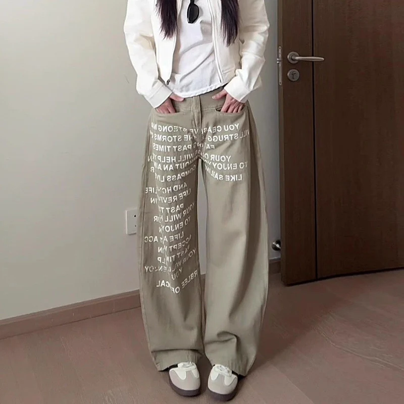 Girls Letter Printed High Waist Jeans Female Baggy Khaki Wide Leg Trousers Women Ins Fashion Casual Denim Pants