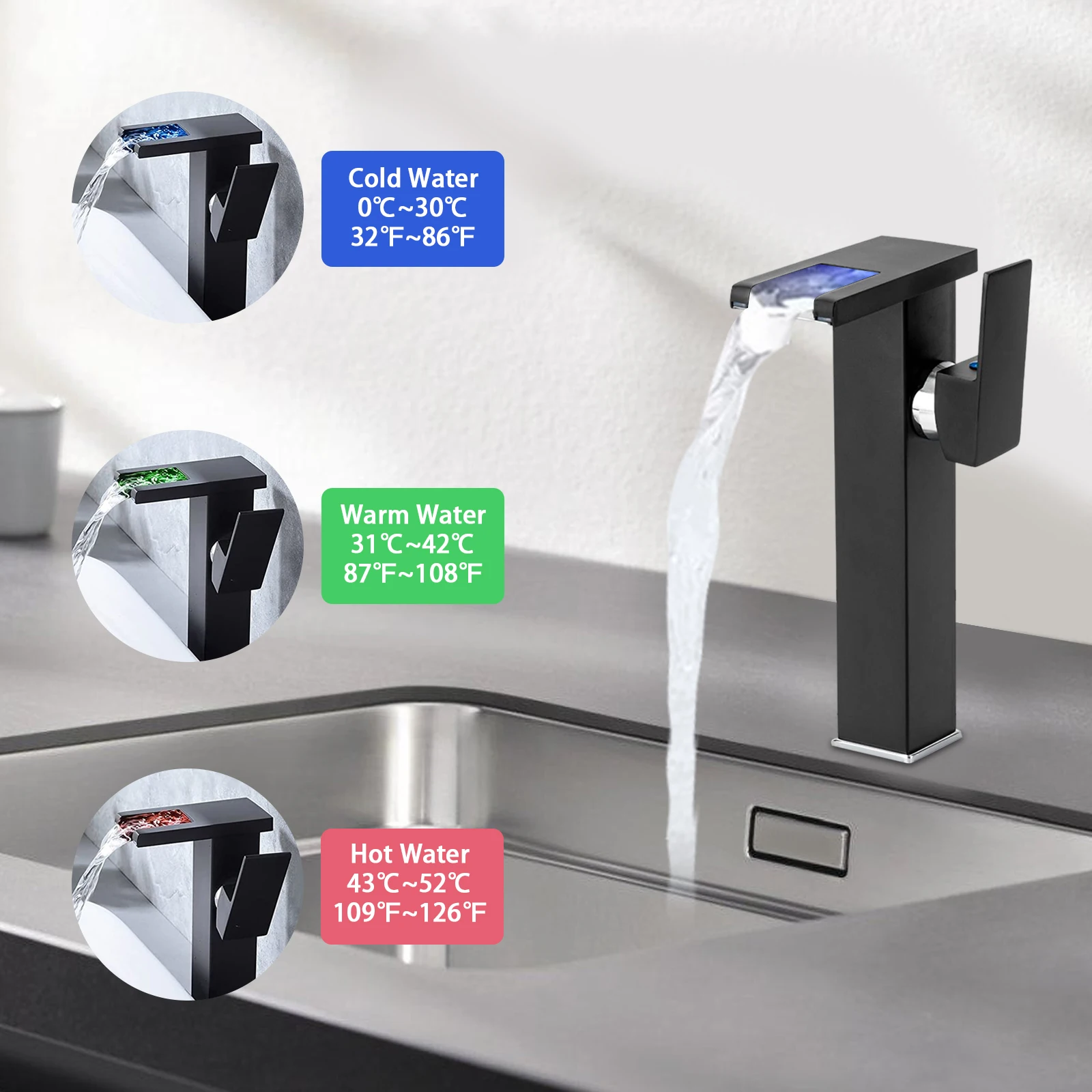 

Смеситель для ванной комнаты с водопадом, 3-цветный светодиодный светильник, светодиодный смеситель для раковины с одной ручкой, черный для смесителя для раковины в ванной комнате, монтируемый на палубе