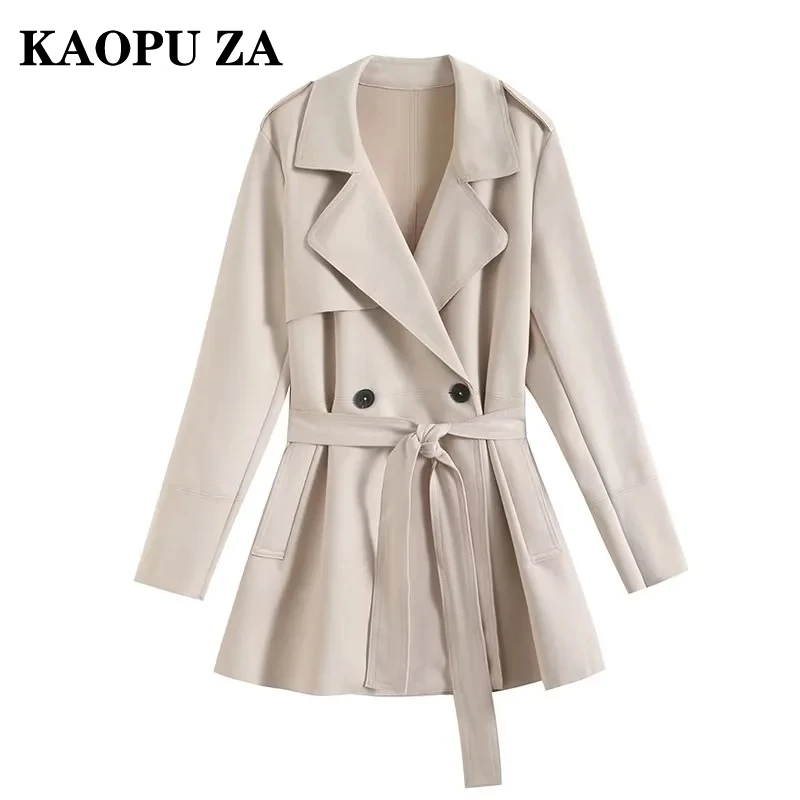 

KAOPU ZA Autumn/Winter 2024 Women's casual trench coat with Belt Women vintage suede Texture Long sleeve lapel jacket top