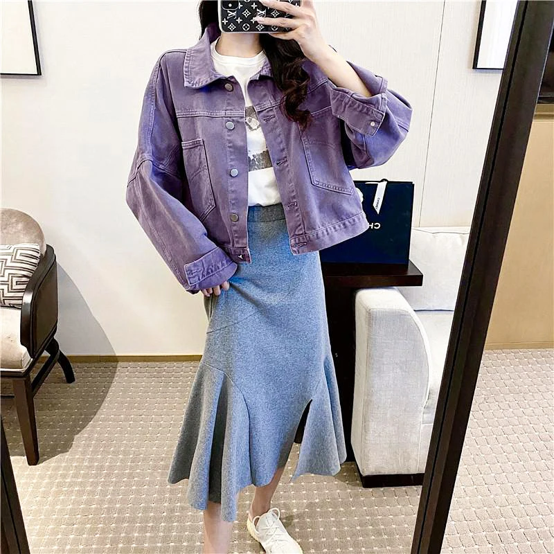 Slim Fit Denim Jacket Purple Women's Spring Autumn New Style Small Size Open Cardigan Design Thin Quality Fashionable