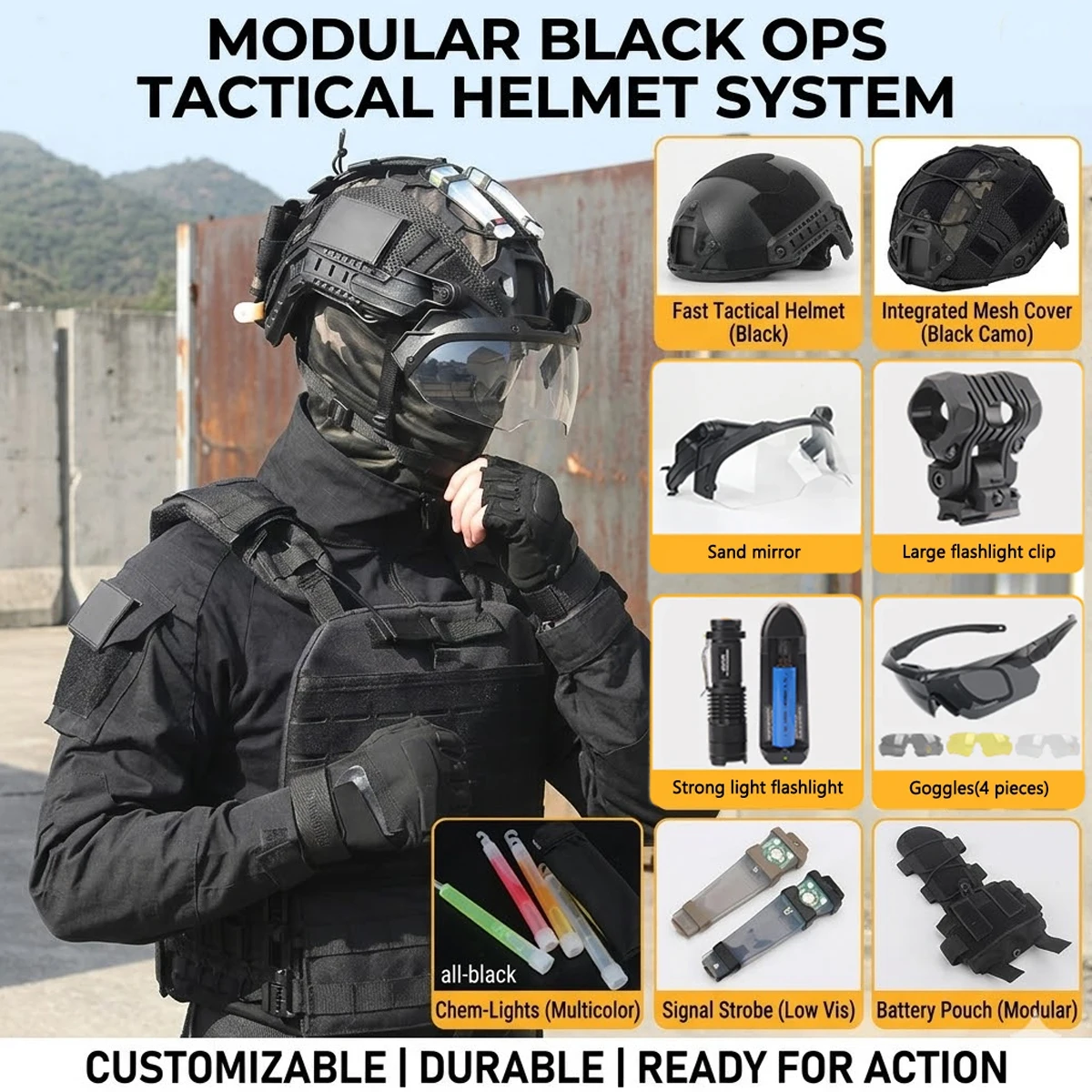 

FAST Tactical Helmet Set with Camo Helmet Cover Flashlight Signal Light for Airsoft Paintball Shooting CS War Games Hunting Gear