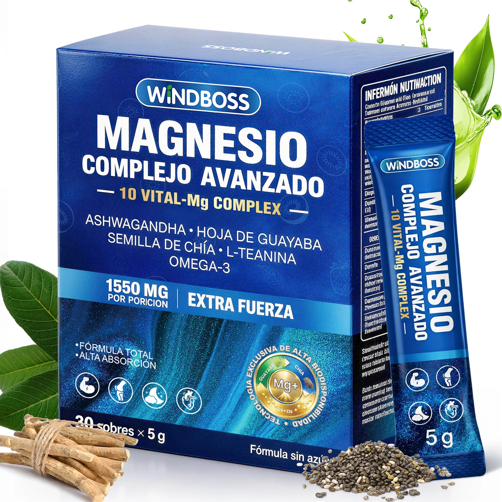 WINDBOSS Magnesio Complexo Avanzado 1550mg - 10 Vital-Mg Complex con Ashwagandha, L-teanina, Chía & Guayaba - Suplemento Dietético para Apoyo Nutricional - 30 Sobres x 5g