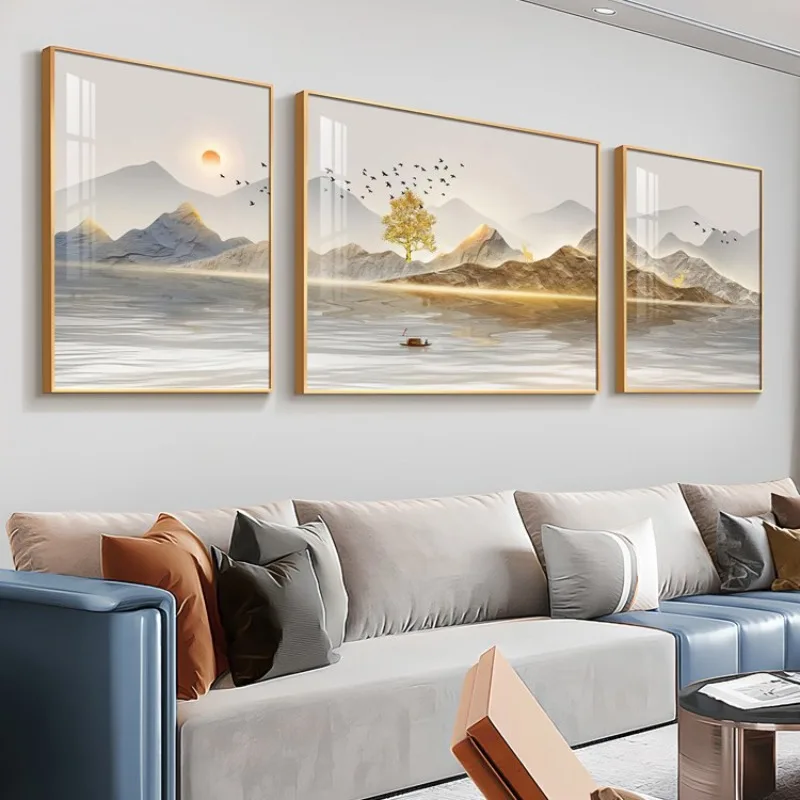 

Living room decorative painting big white wall hanging painting rising sun landscape triptych modern light luxury sofa backgroun