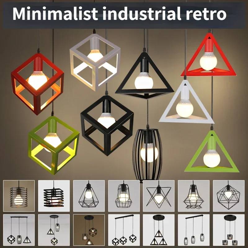 Retro Industrial Black Pendant Lamp Geometric Modeling Iron Lampshade Restaurant Hanging Lamp Creative Corridor Light Fixture