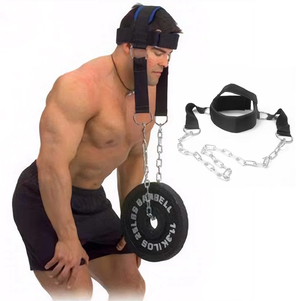 Gym Fitness Weight Bearing Cap Adjustable Neck Harness with Steel Chain Neck Exerciser Neck Muscle Power Training