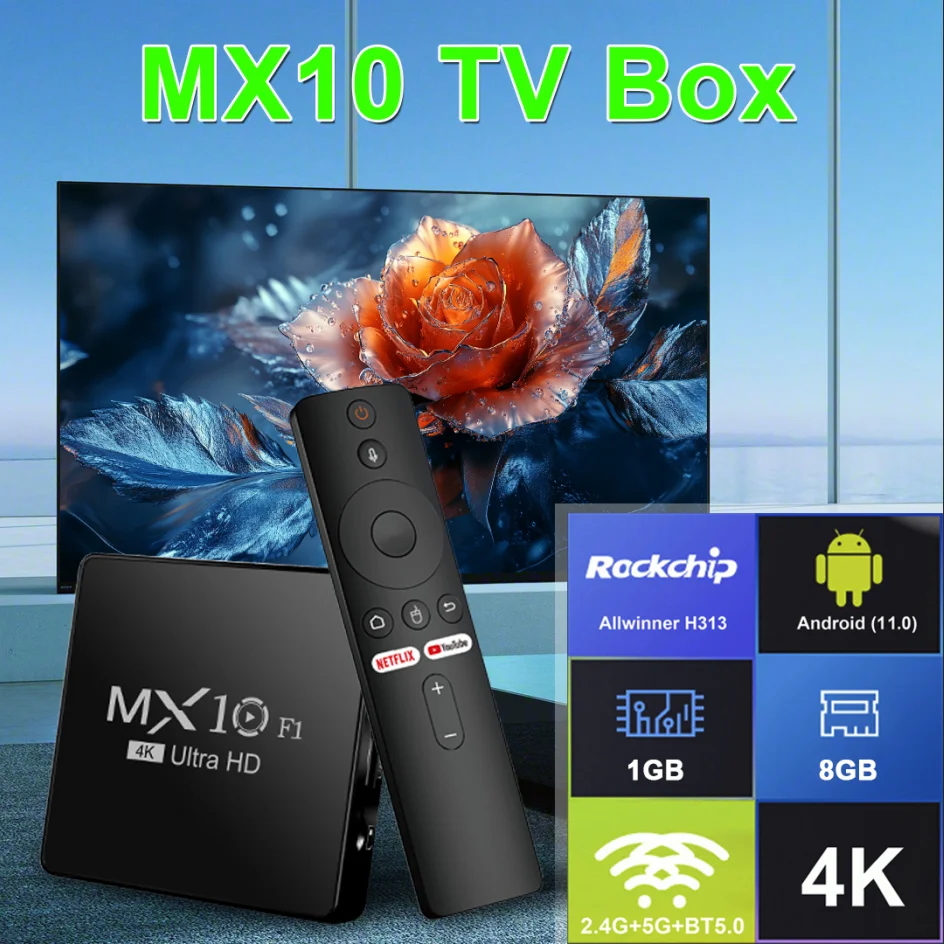 Smart TV Box Allwinner H313 MX10 F1 Mali-G31 Wi-Fi 2.4G + BT5 2.4G Android TV Box with 2GB RAM 16GB eMMC flash