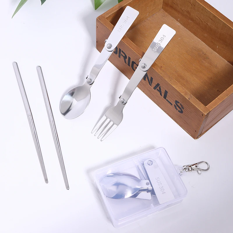 New 1Pc/3Pcs Portable Outdoor Cutleries Stainless Steel Spoon Fork Chopstick For Camping Travel School Use Folding Tablewares