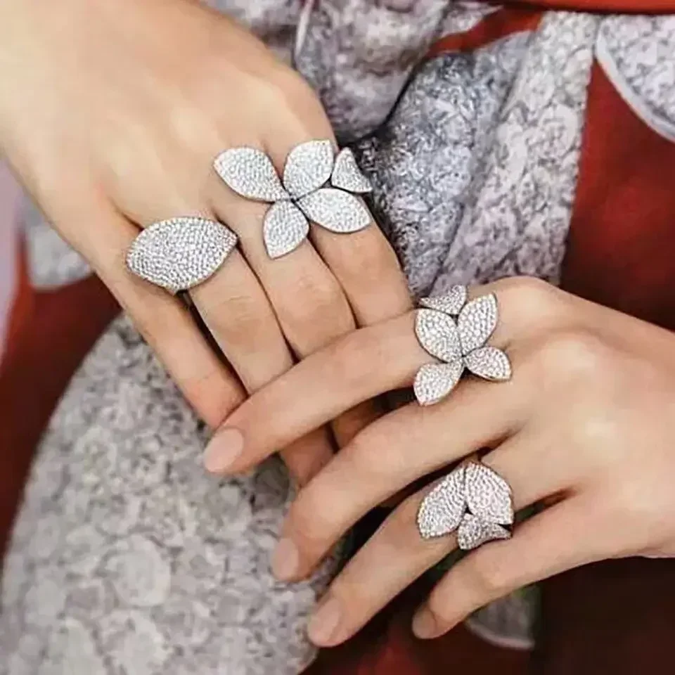 2026 Fashion Micro Shop Cubic Zirconia Leaf Flower Open Adjustable Ring Women's Bracelet Suitable for Banquet Jewelry