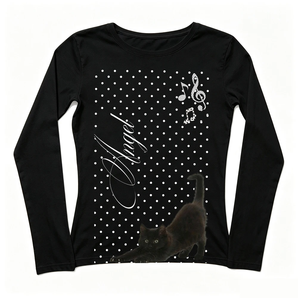 Grunge Alt Women Angel Cursive Letter Cat Music Note Print Long Sleeve Tee Crew Neck Slim Y2K Vintage Casual Top