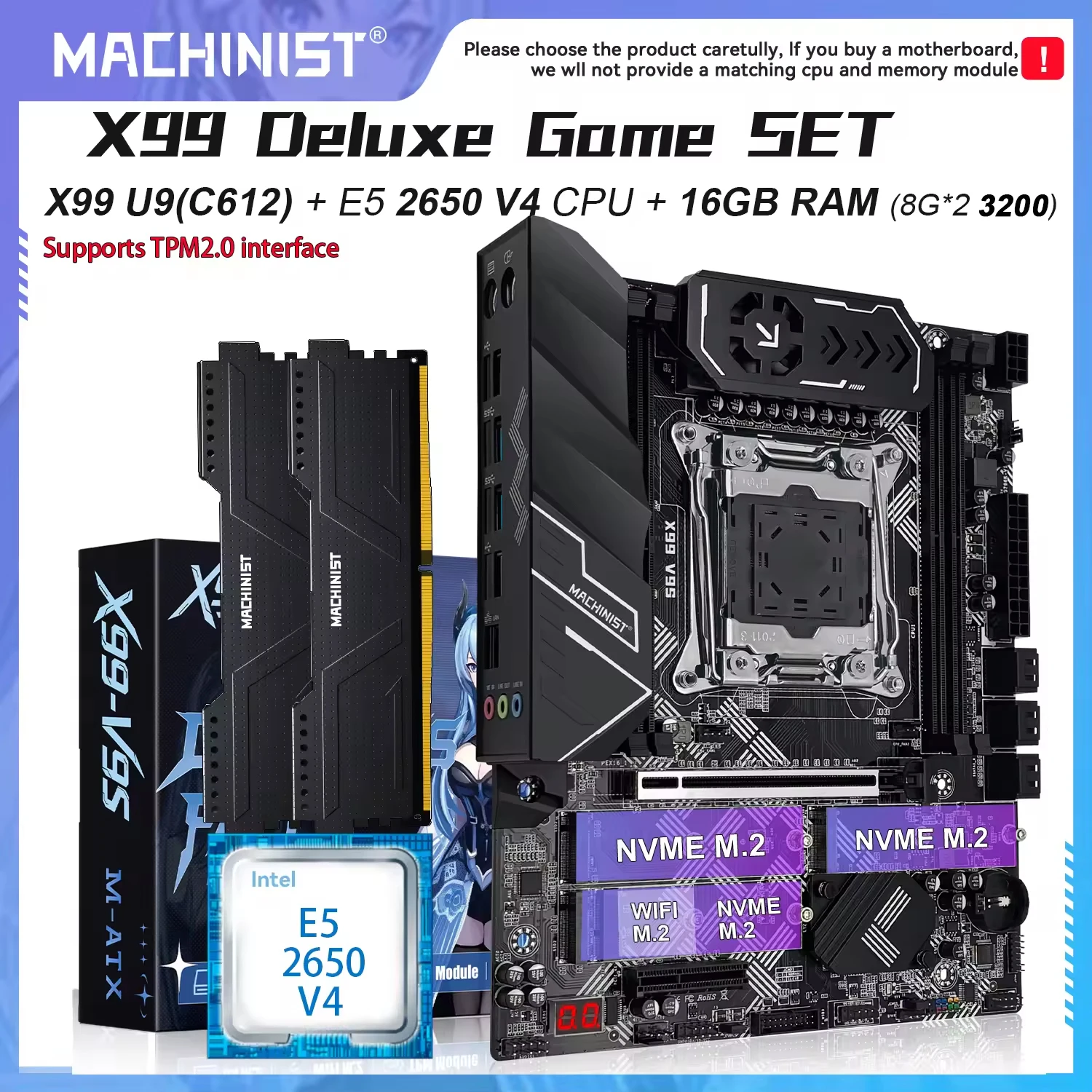 Placa-mãe X99 V9S MACHINIST TPM2.0 LGA 2011-3 Kit Xeon 2650 V4 CPU Quatro canais DDR4 2X8GB RAM Chip C612 3*NVME M.2 SATA3.0