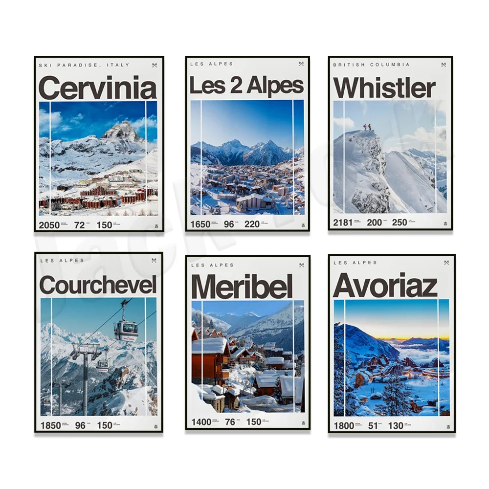 Meribel Ski, Avoriaz, Courchevel France Ski, Cervinia Italy, 캐나다 휘슬러 스키 리조트 파라다이스 포스터, Les Alpes, 스노우보드